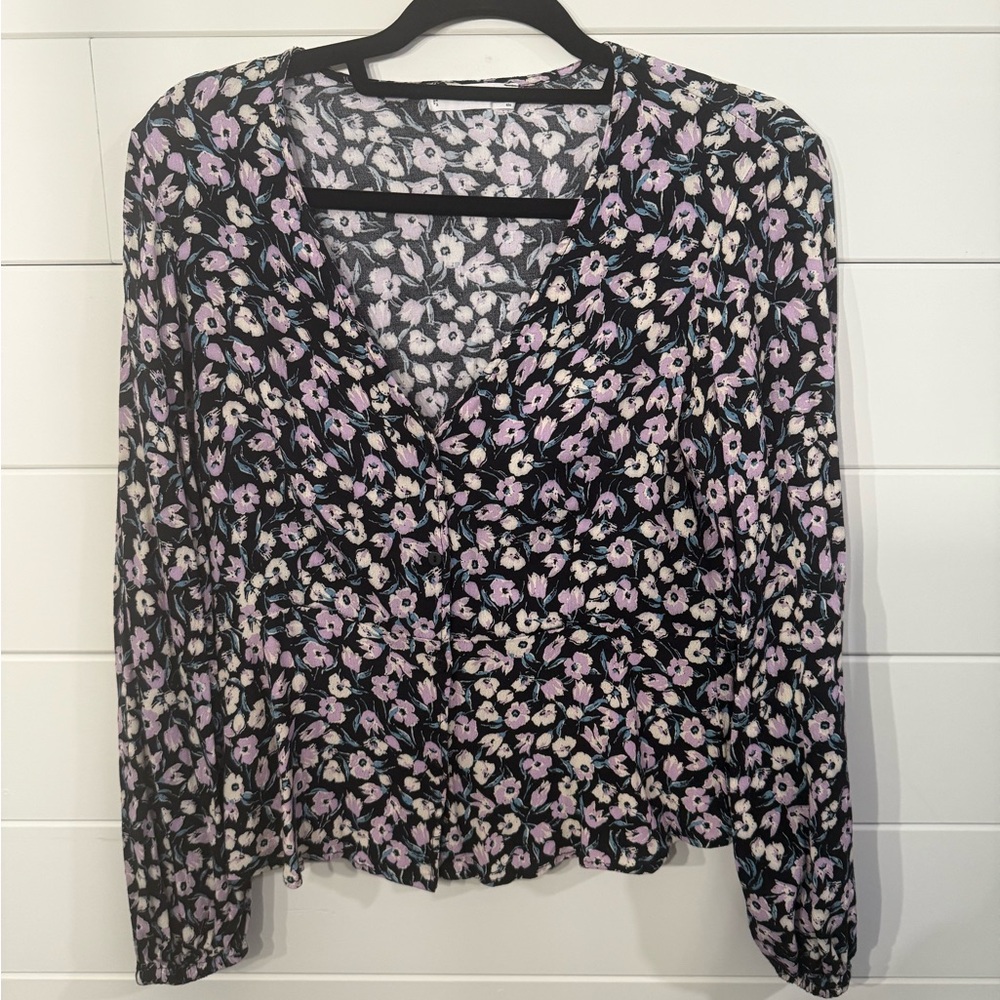 Mango Peplum Fitted Black Purple and Creame Blouse